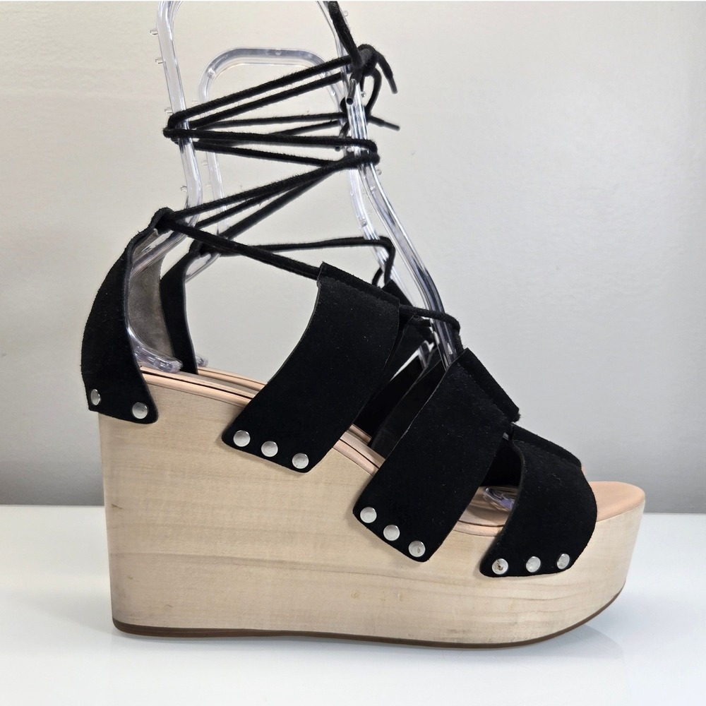 Loeffler Randall Wedge Platform Sandals‎ 10 Suede Wood Lace Up Chunky Festival
